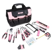 DNA Motoring TOOLS-00206 Pink 37 PCs Portable Tool Kit Household General Repair Water Pump Pliers Hacksaw Set Hand Tool Canvas Bag