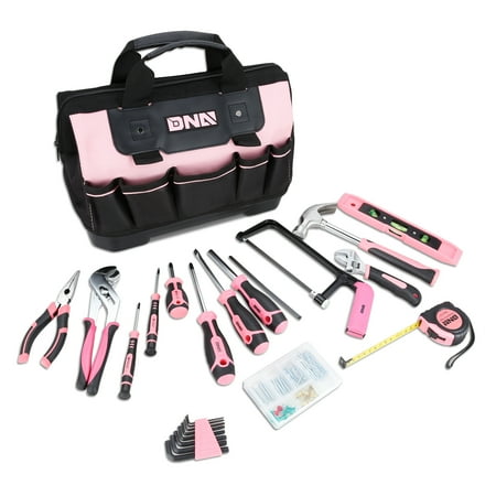 DNA Motoring TOOLS-00206 Pink 37 PCs Portable Tool Kit Household General Repair Water Pump Pliers Hacksaw Set Hand Tool Canvas Bag