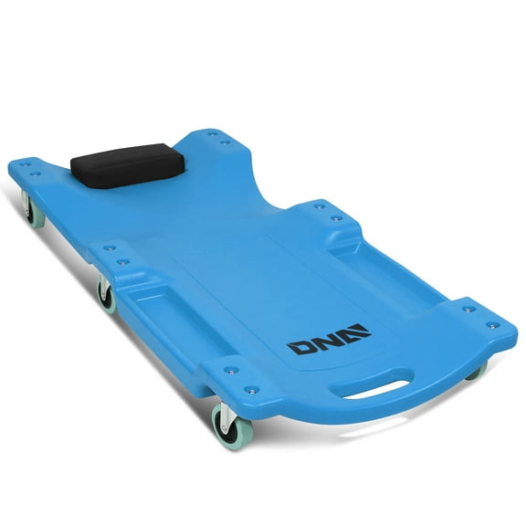 DNA Motoring TOOLS-00217 Low Profile Plastic Blue Rolling Garage Shop Creeper with Padded Headrest Tool Trays