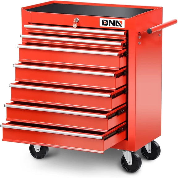 DNA Motoring TOOLS-00264 7-Drawer Red Plastic Top Rolling Tool Cabinet with Keyed Locking System
