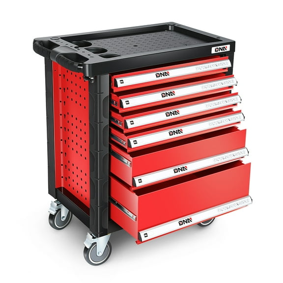 DNA Motoring TOOLS-00395 Garage Warehouse Workshop 6-Drawer Plastic Top Tray Rolling Tool Cabinet Chest With 4 Casters Red