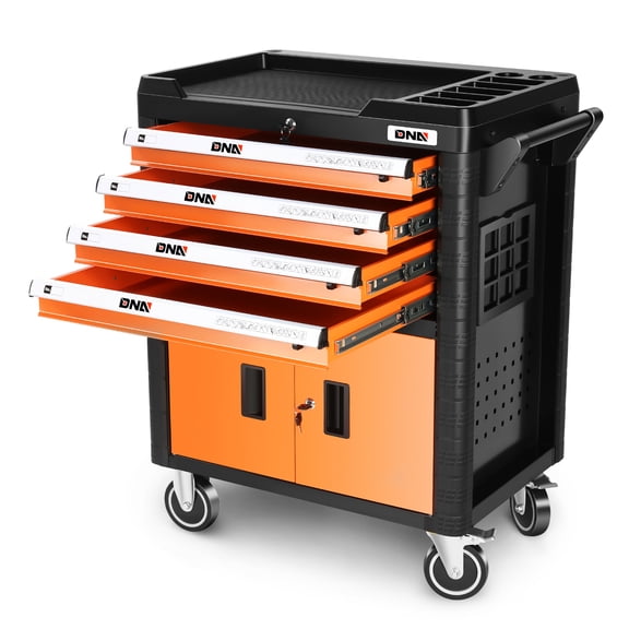 DNA Motoring TOOLS-00402 4 Drawer Garage Warehouse Workshop Divider Top Tray Rolling Cabinet Chest With Swivel Casters Orange