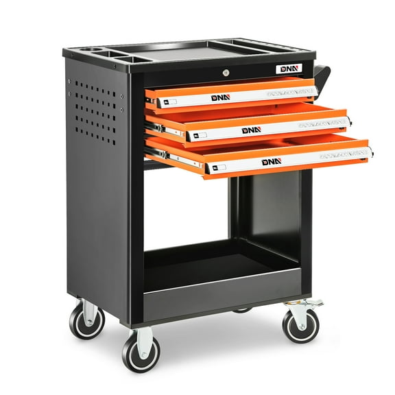 DNA Motoring TOOLS-00404 3 Drawer Lockable Multiple Storage Rolling Repair Tool Trolley Cabinet With Swivel Casters Orange