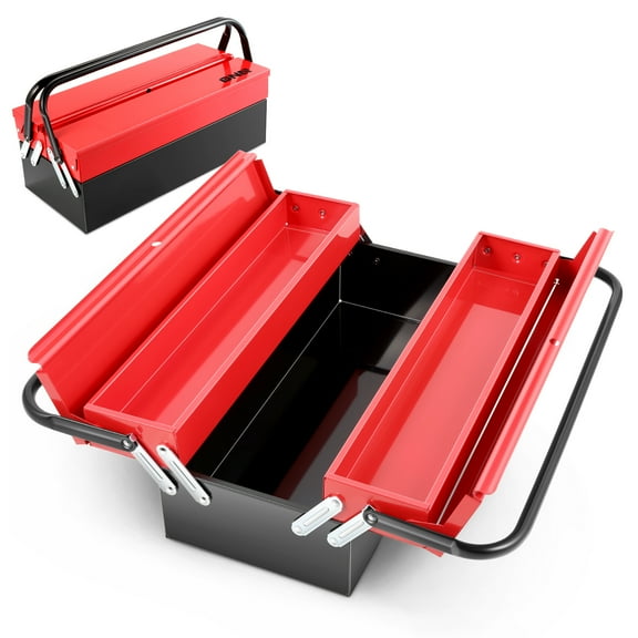DNA Motoring TOOLS-00410 Red 18" 2 Level Multi-Function Foldable Repair Tool Box Storage With Lock Hole + Drawers + Handle