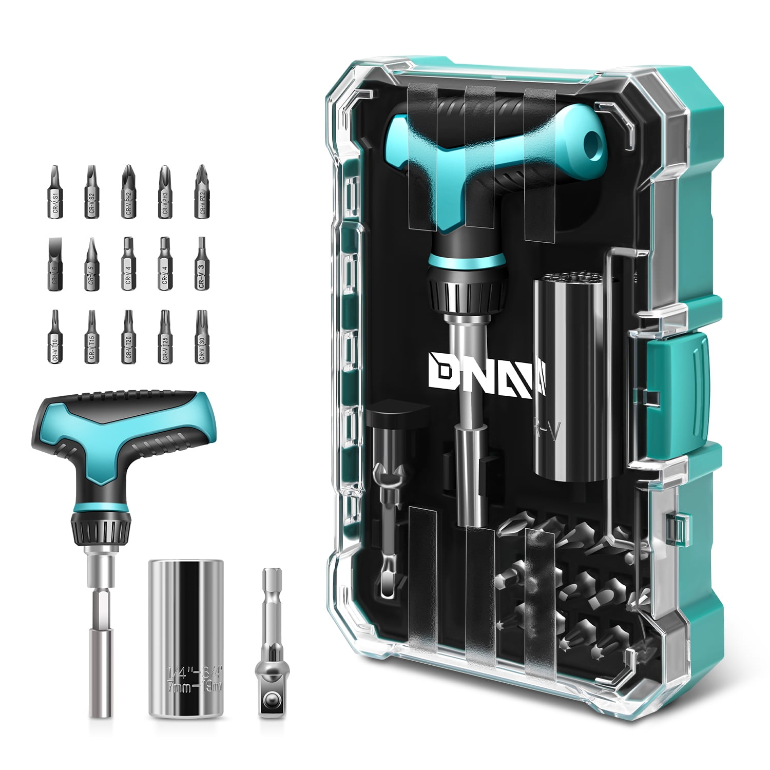 DNA Motoring TOOLS-00418 19 Pcs Portable Repair Tools T-Handle Screwdriver Set Kit With Carrying Storage Case Light Blue