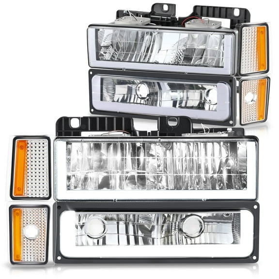 DNA Motoring U-LED Bar DRL Headlights for 88-93 Chevy C/K Pickup Suburban, Chrome/Amber