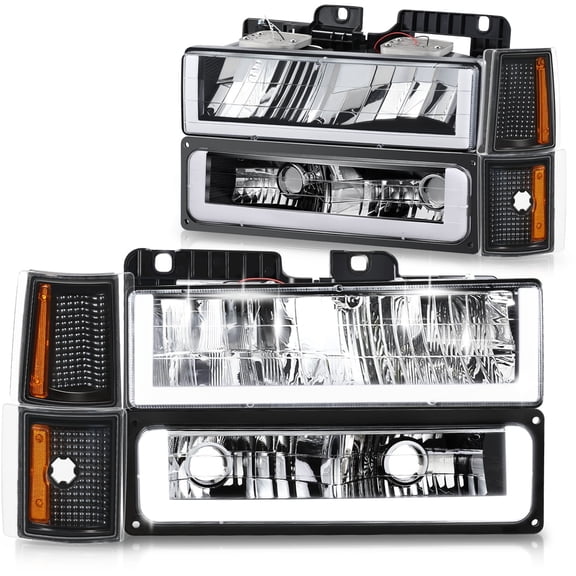DNA Motoring U-LED Bar DRL Headlights for 94-00 GMC C/K Pickup Suburban Yukon, Black/Amber