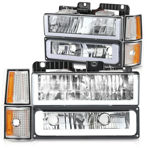 DNA Motoring U-LED Bar DRL Headlights for 94-00 GMC C/K Pickup Suburban Yukon, Chrome/Amber