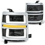 DNA MOTORING Smoked Lens/Clear Reflector Pair of 3D Light Bar Headlights Compatible With Silverado 1500 14-15, GM2502410, GM2503410, HL-LB2-CSIL14-SM-CL