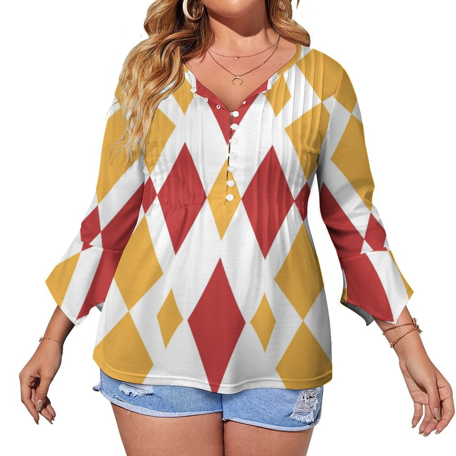 DNAGSB Argyle White Yellow Red02 Women's Long Sleeve Henley Tshirt