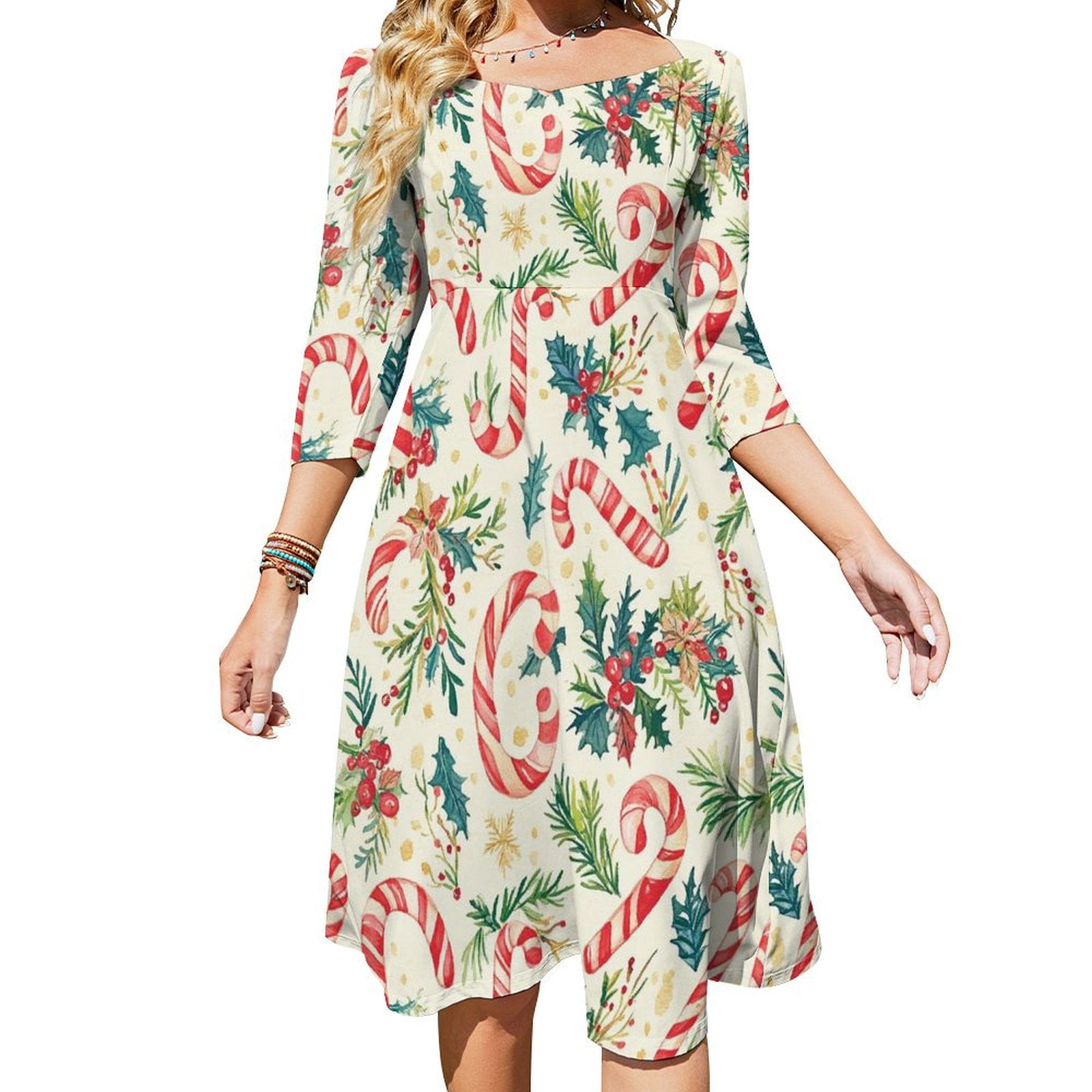 DNAGSB Festive Candy Canes And Wreaths408 Women's 3/4 Sleeve High