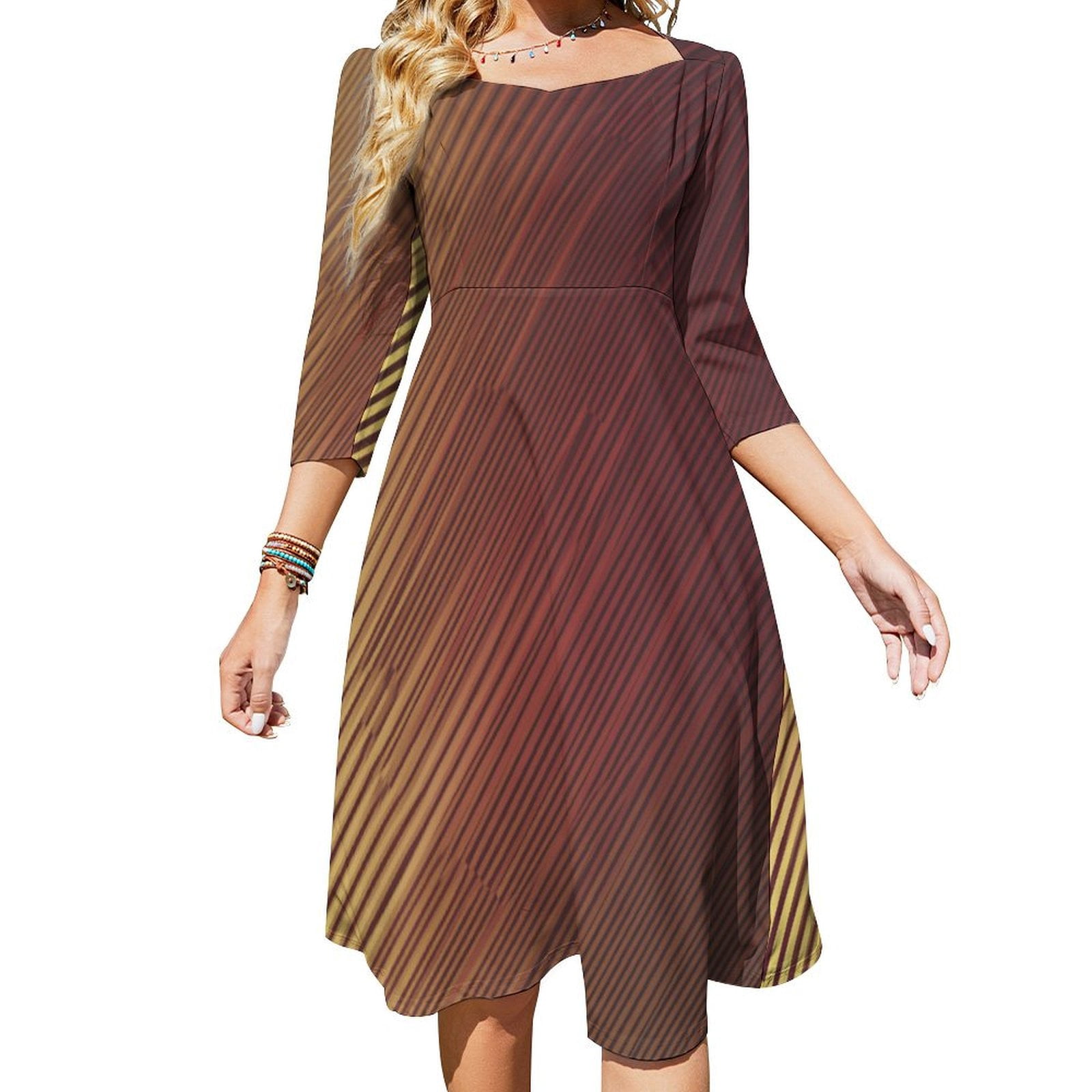 DNAGSB Gold And Burgundy 1262 Women's 3/4 Sleeve High Waist Midi