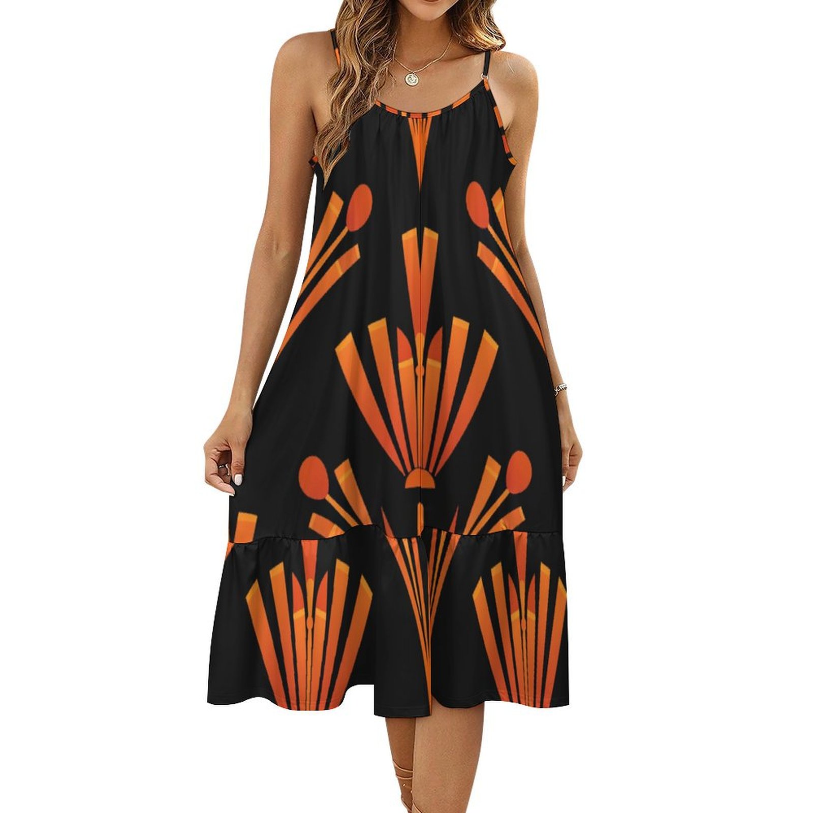 HANSHBDB Art Deco Orange Ditsy99 Women's Maxi Summer Dress , Loose