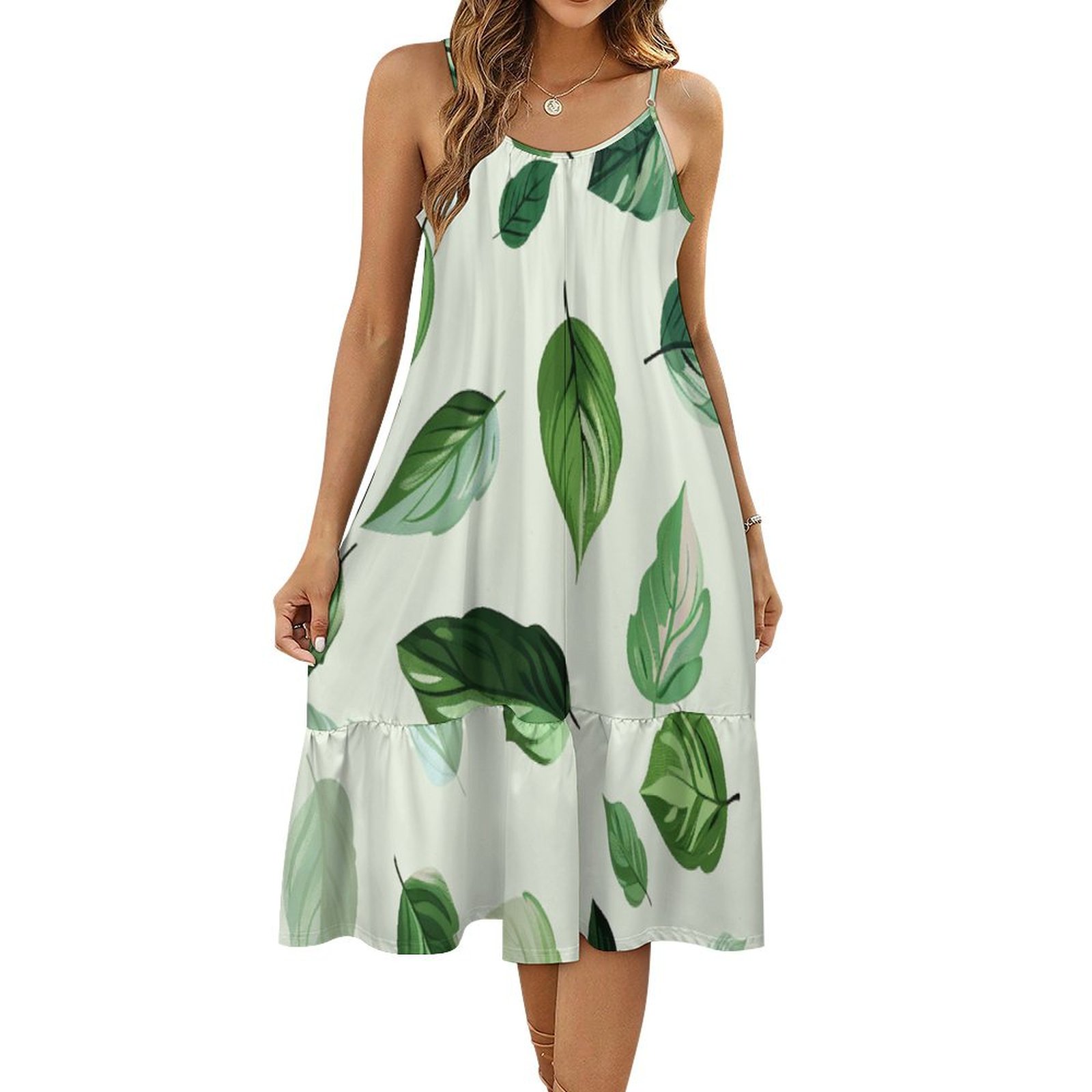 HANSHBDB Chic Mint Leaves 49 Women's Maxi Summer Dress , Loose