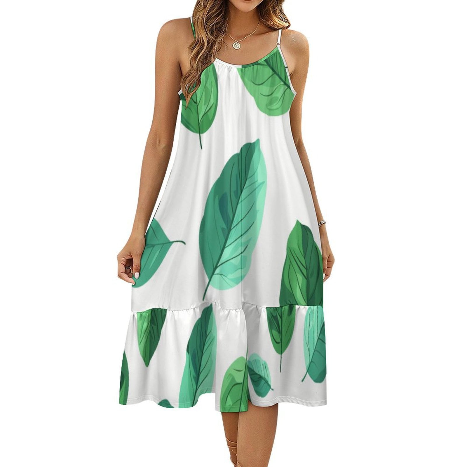 HANSHBDB Elegant Mint Leaves 608 Women's Maxi Summer Dress , Loose