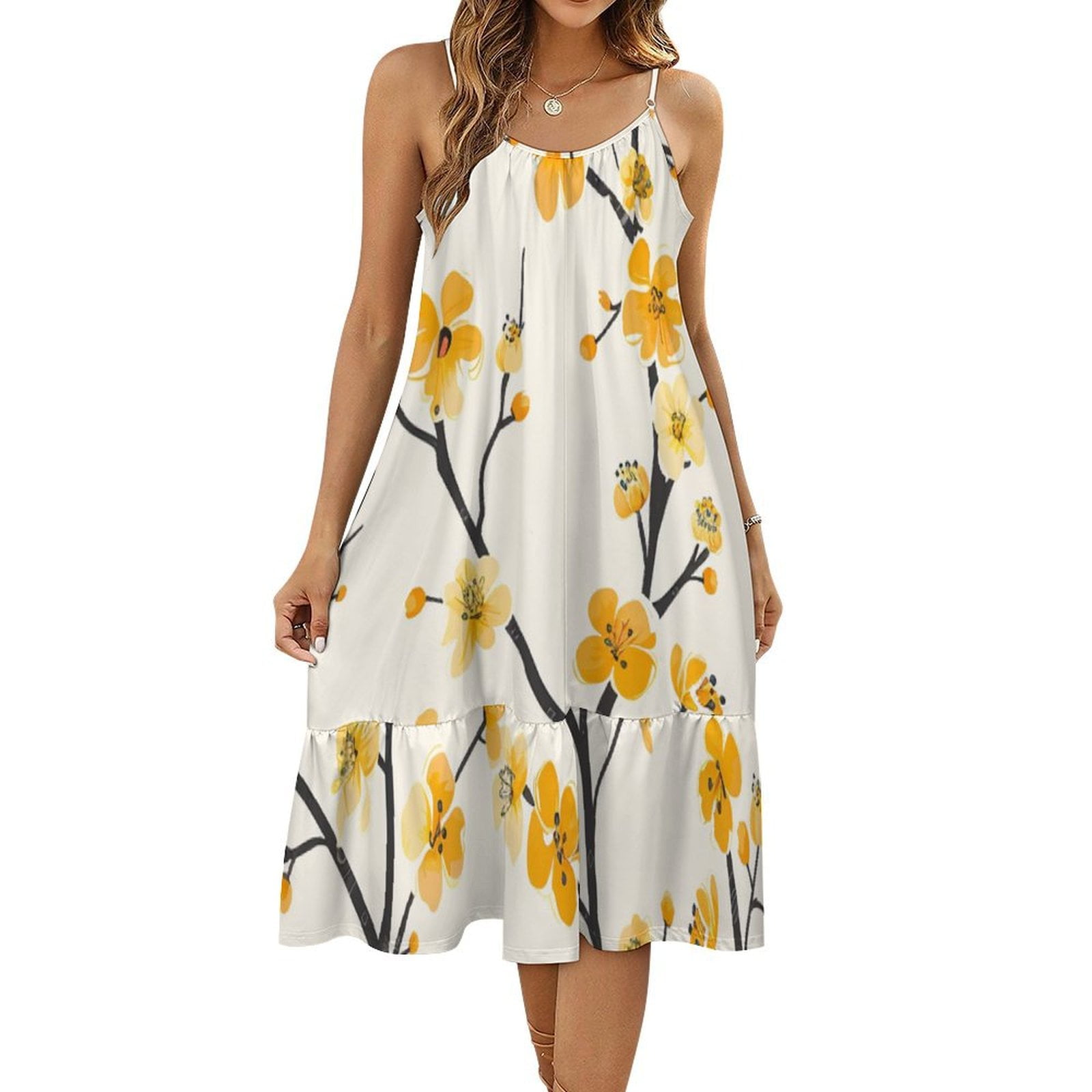 HANSHBDB Elegant Yellow Blossoms 403 Women's Maxi Summer Dress , Loose