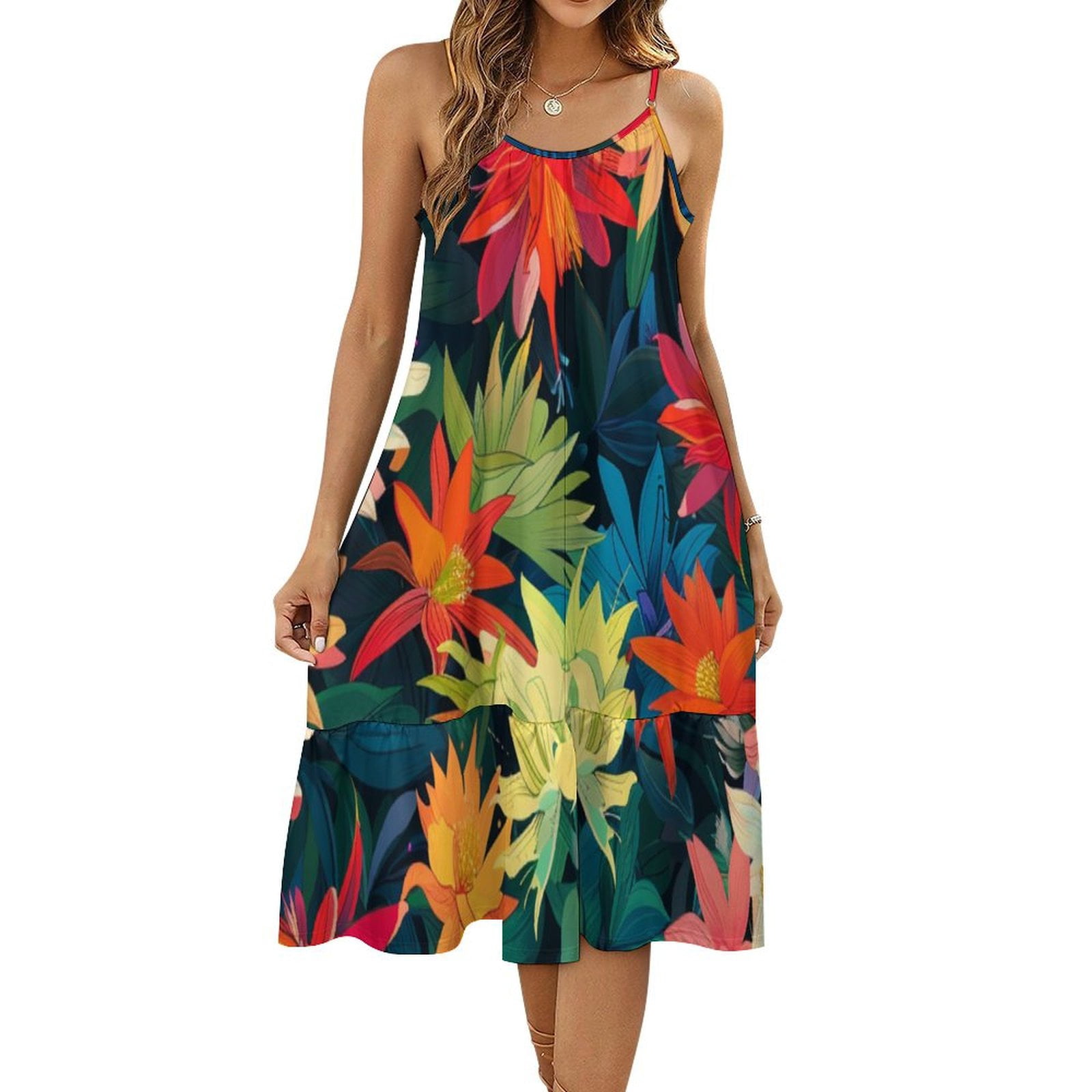 HANSHBDB Fancy Epiphyllum Ditsy 146 Women's Maxi Summer Dress , Loose