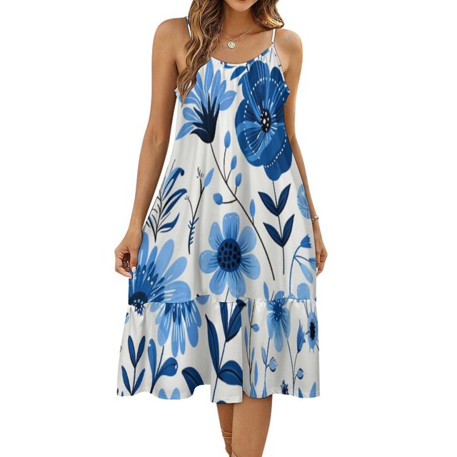 HANSHBDB Intricate Blue Flowers 473 Women's Maxi Summer Dress , Loose