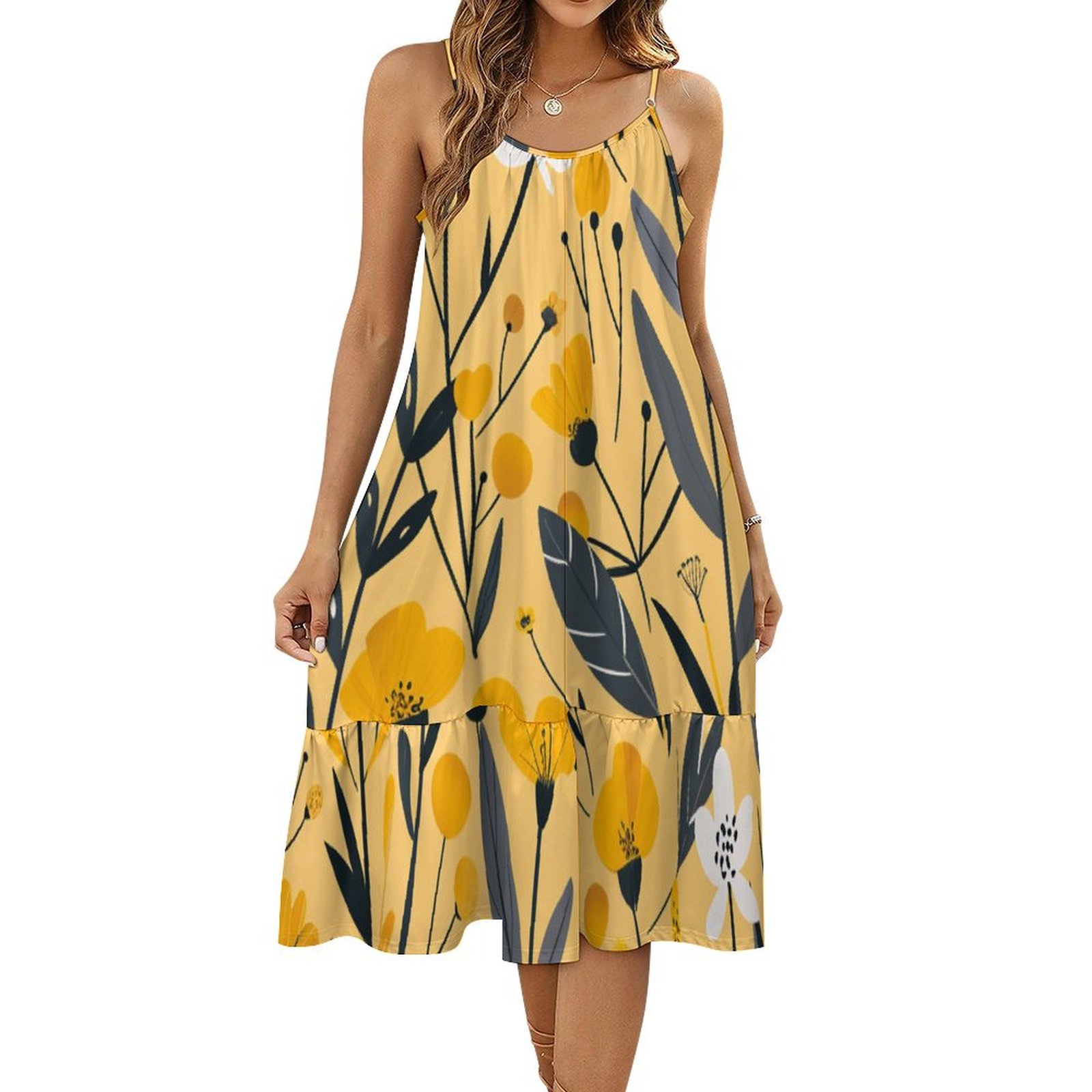 HANSHBDB Nature Yellow Ditsy908 Women's Maxi Summer Dress , Loose