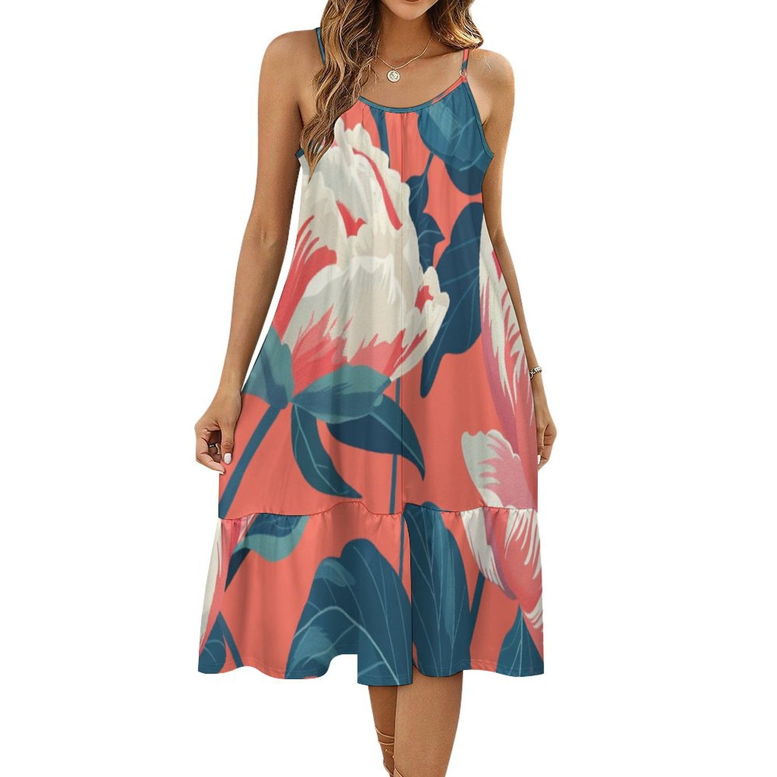 HANSHBDB Peony Motif41 Women's Maxi Summer Dress , Loose Suspender