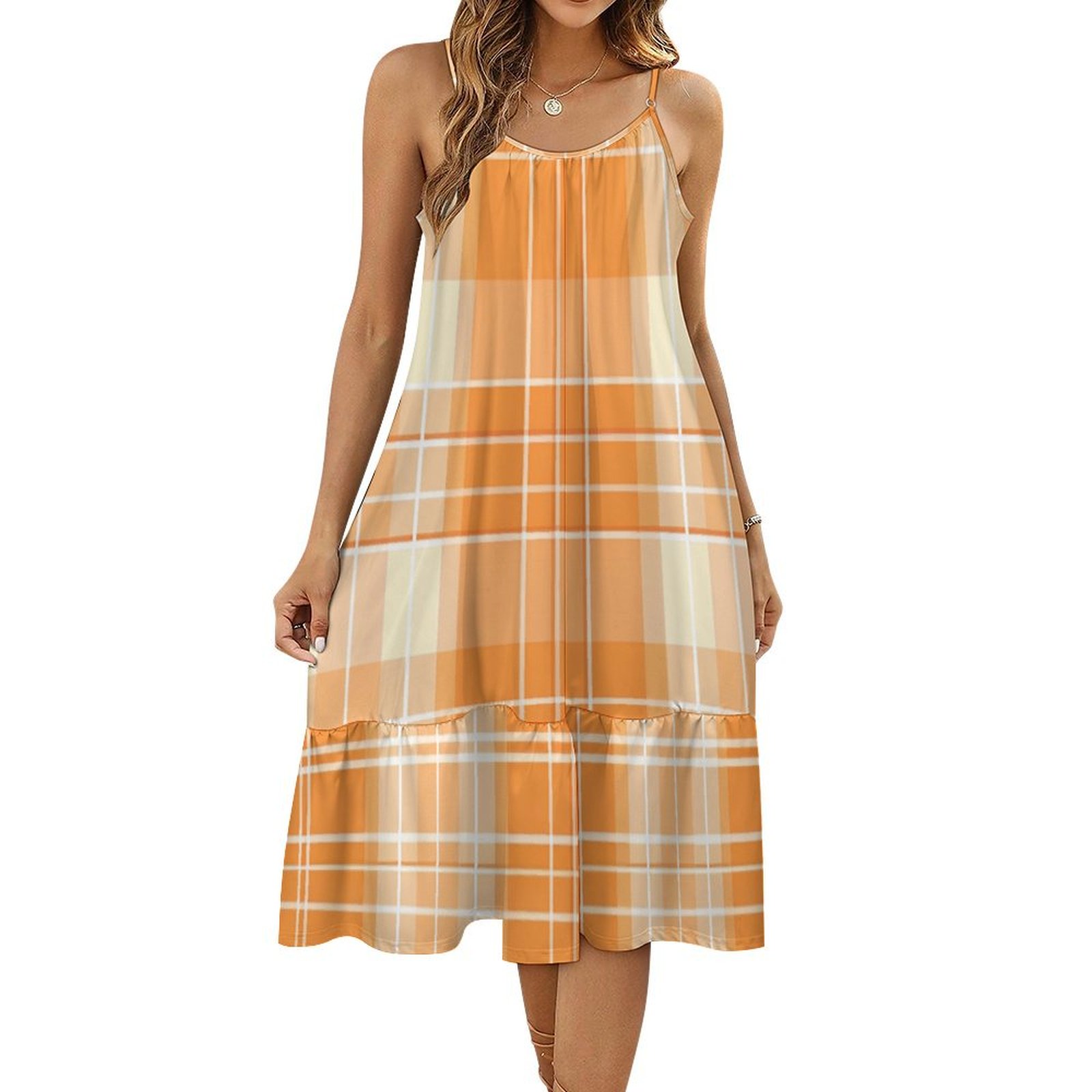 HANSHBDB Refined Orange Tattersall 766 Women's Maxi Summer Dress , Loose Suspender Dress