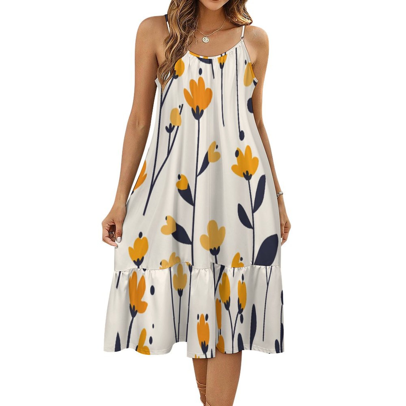 HANSHBDB Scandinavian Yellow Ditsy1131 Women's Maxi Summer Dress