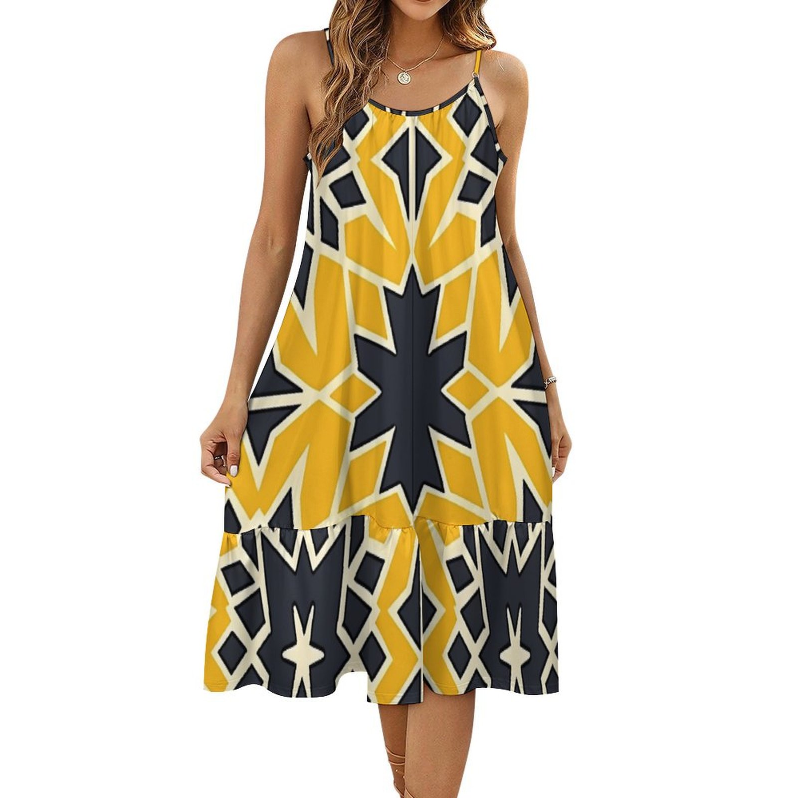 HANSHBDB Yellow Mosaic 581 Women's Maxi Summer Dress , Loose Suspender