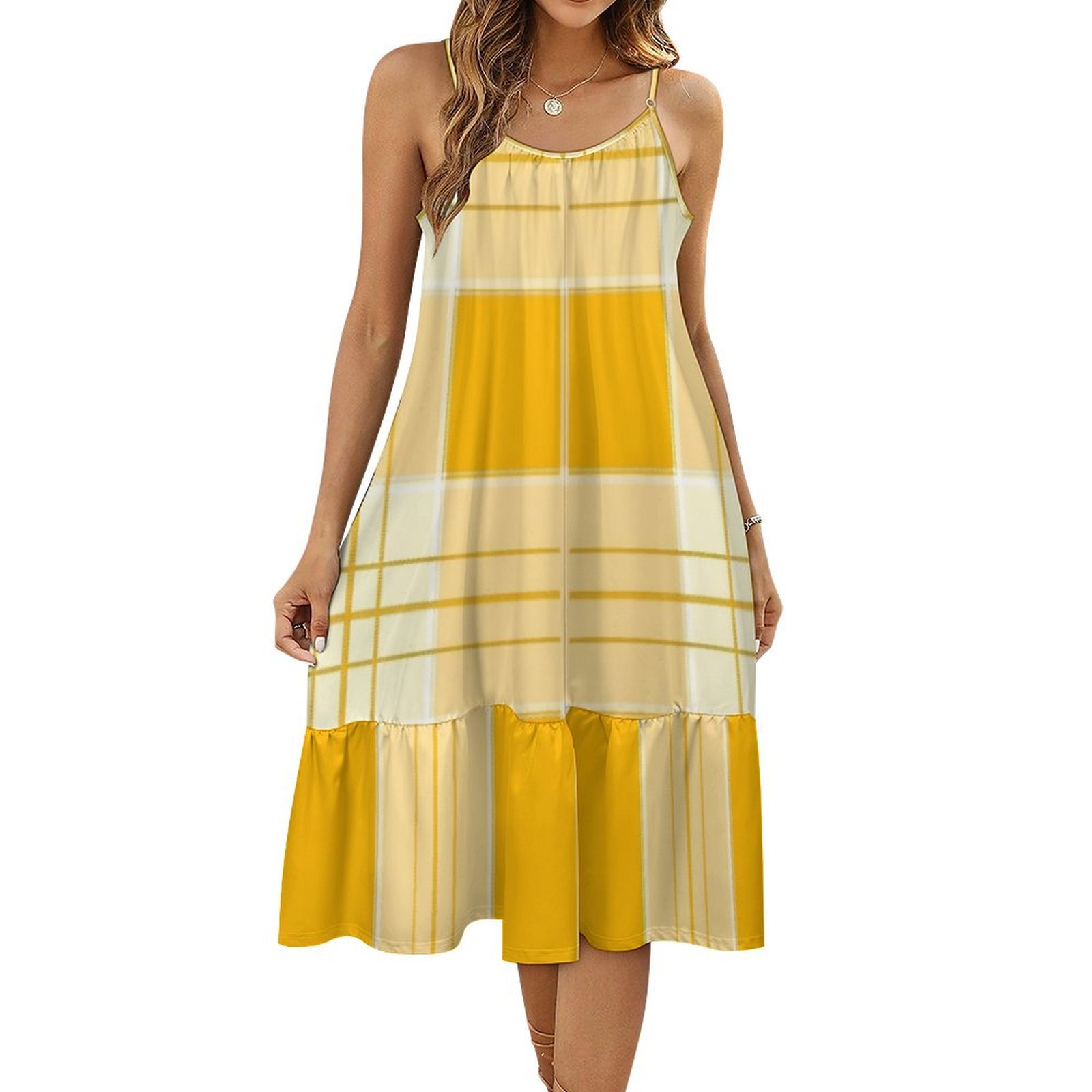 HANSHBDB Yellow Tattersall Design 984 Women's Maxi Summer Dress , Loose