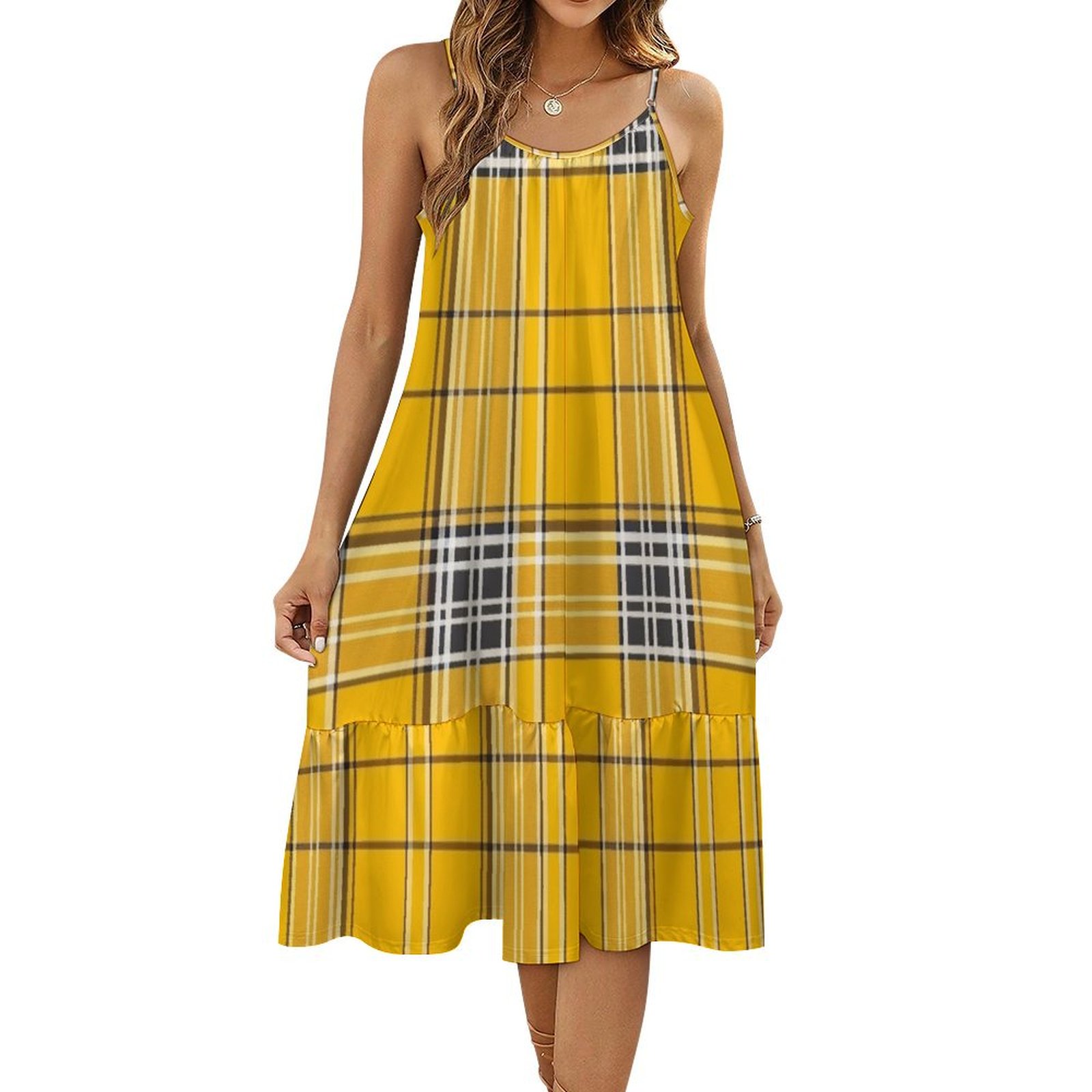 HANSHBDB Yellow Tattersall Design 989 Women's Maxi Summer Dress , Loose