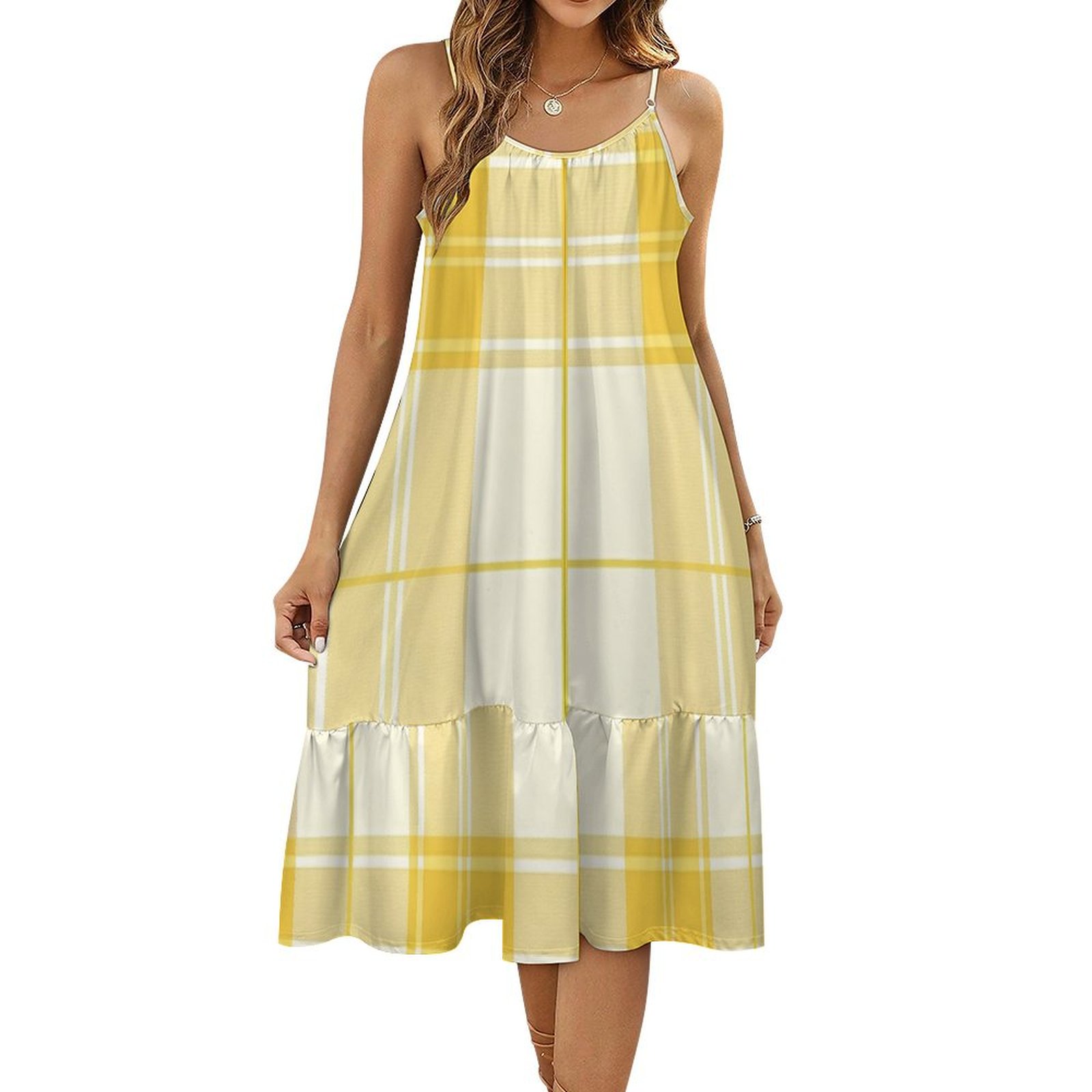 HANSHBDB Yellow Tattersall Theme 1033 Women's Maxi Summer Dress , Loose