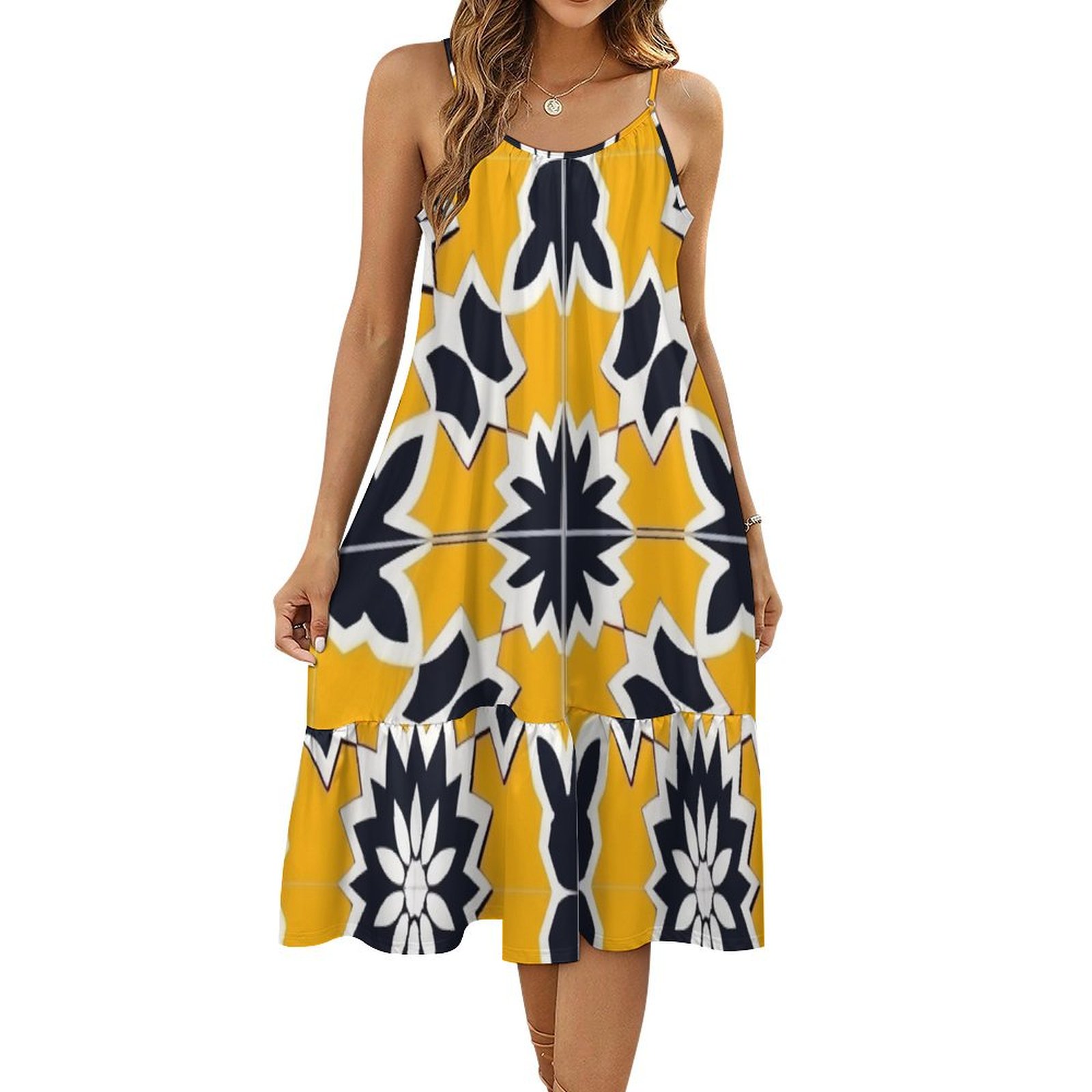 HANSHBDB Yellow Traditional Tile531 Women's Maxi Summer Dress , Loose