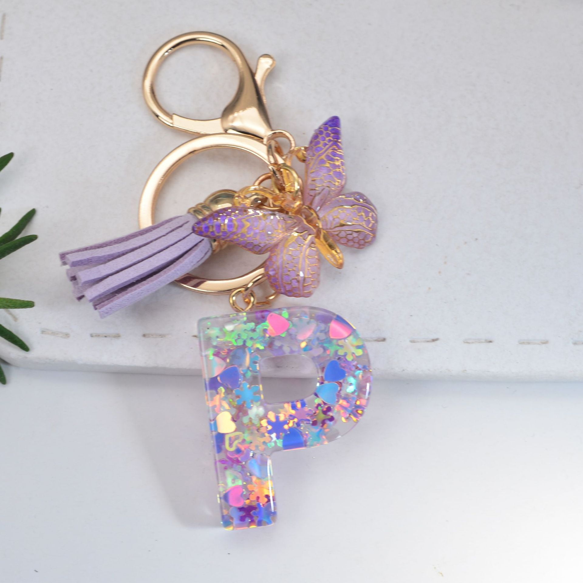 DNAKEN Initial Letter Keychains for Girls Women Pink Purple Green Cute  Butterfly Heart Keychain for Backpack School Bag 