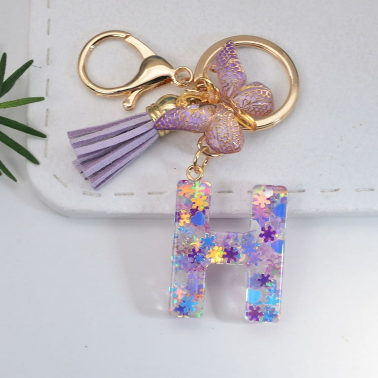 DNAKEN Initial Letter Keychains for Girls Women Pink Purple Green Cute  Butterfly Heart Keychain for Backpack School Bag 