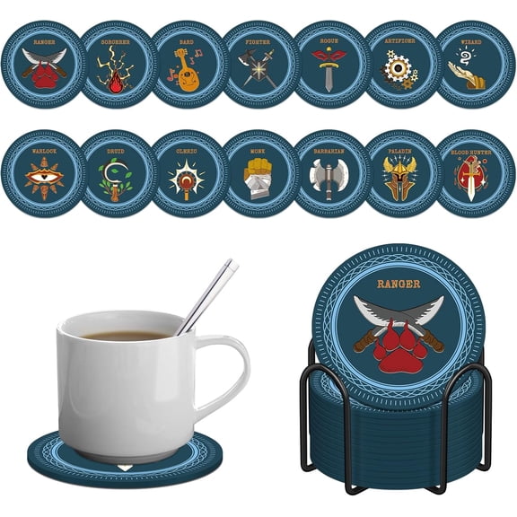 DND Coasters Set of 14 with Holder - 5E Classes Icons Silicone Coaster Set, Non-Slip & Heat Resistant - DND Accessories for RPG Home Decor, Geek Gift for Gamer and DM