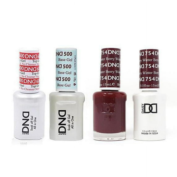 DND Daisy Nail Design Gel Polish 4ct Combo - Base, No Cleanse Top Coat, Gel, & Lacquer - Winter Berry 754