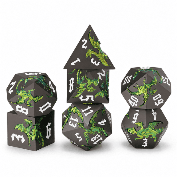DND Dice Set 7Pcs Polyhedral Metal Dice, Black Green Dragon RPG Dice with White Numbers for Dungeons and Dragons Games
