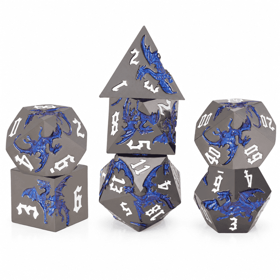 DND Dice Set Dragon RPG Polyhedral Metal Dice, Gunmetal Blue, with White Numbers, 7 Piece
