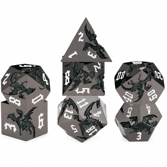 DND Polyhedral Metal Dice Set, Green Dragon, 7-Piece, for Role Playing Games