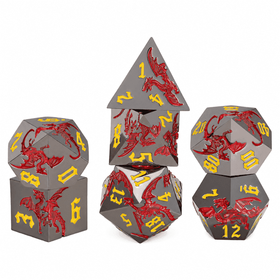 DND Dice Set 7Pcs Polyhedral Metal Dice, Gunmetal Red Dragon RPG Dice with Yellow Numbers for Dungeons and Dragons Tabletop Games