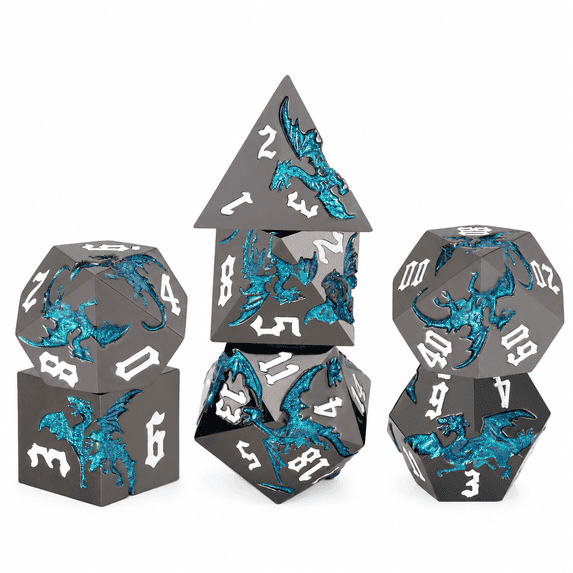 DND Dice Set 7Pcs Polyhedral Metal Dice, Gunmetal Teal Dragon RPG Dice with White Numbers for Dungeons and Dragons Games