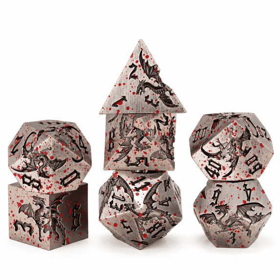 DND Dice Set Blood Dragon Polyhedral Metal Silver 7-Piece for Role Playing Games