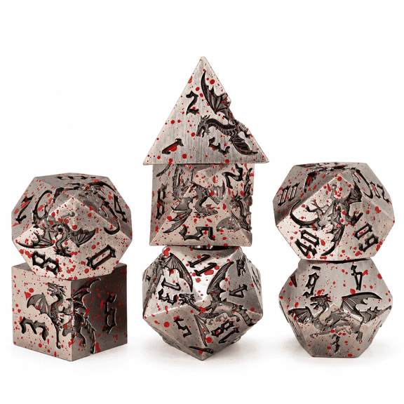 DND Dice Set Blood Dragon Polyhedral Metal Silver 7-Piece for Role Playing Games