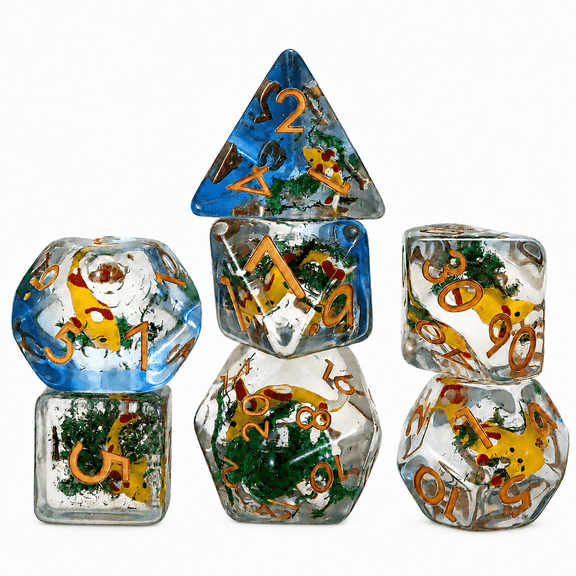 DND Dice Set 7Pcs Polyhedral Resin Dice, Fish Core RPG Dice with Gold Numbers for Dungeons Tabletop Games