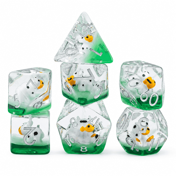 DND Dice Set 7Pcs Polyhedral Resin Dice, Green Cow Core RPG Dice with Silver Numbers for Tabletop Board Games
