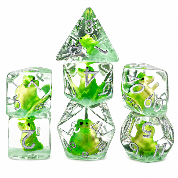 DND Dice Set 7Pcs Polyhedral Resin Dice, Green Crocodile Core RPG Dice with Silver Numbers for Dungeons and Dragons Tabletop Games