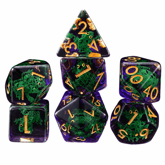 DND Dice Set 7Pcs Polyhedral Resin Dice, Green Frog Core RPG Dice with Gold Numbers for Dungeons and Dragons Tabletop Games