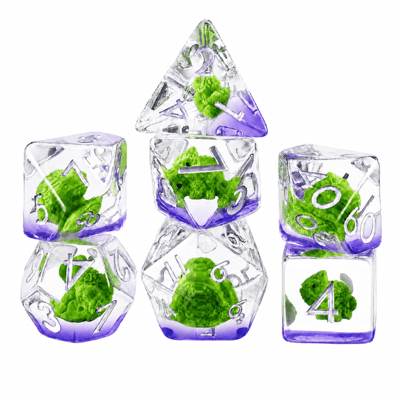 DND Dice Set 7Pcs Polyhedral Resin Dice, Green Lizard Core RPG Dice with Silver Numbers for Dungeons and Dragons Games