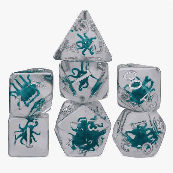 DND Dice Set 7Pcs Polyhedral Resin Dice, Octopus Core RPG Dice with Silver Numbers for Tabletop Fantasy Games