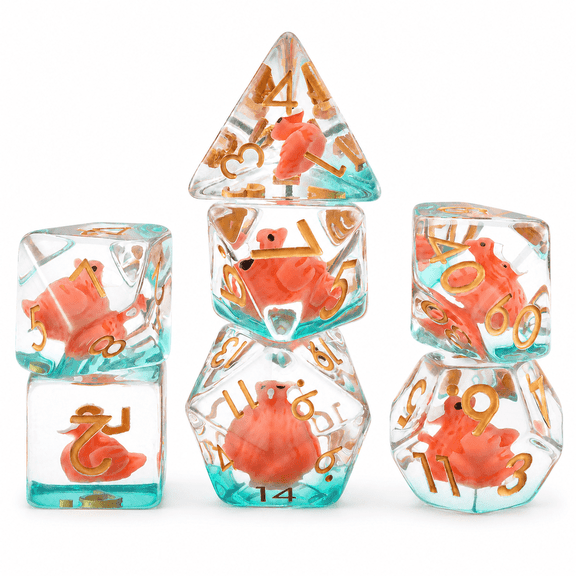 DND Dice Set 7Pcs Polyhedral Resin Dice, Orange Bird Core RPG Dice with Gold Numbers for Tabletop Board Games