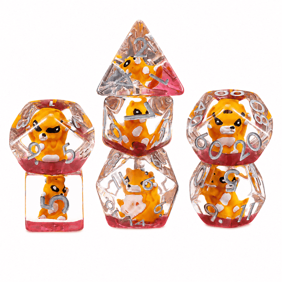 DND Dice Set 7Pcs Polyhedral Resin Dice, Orange Raccoon Core RPG Dice with Silver Numbers for Tabletop Board Games